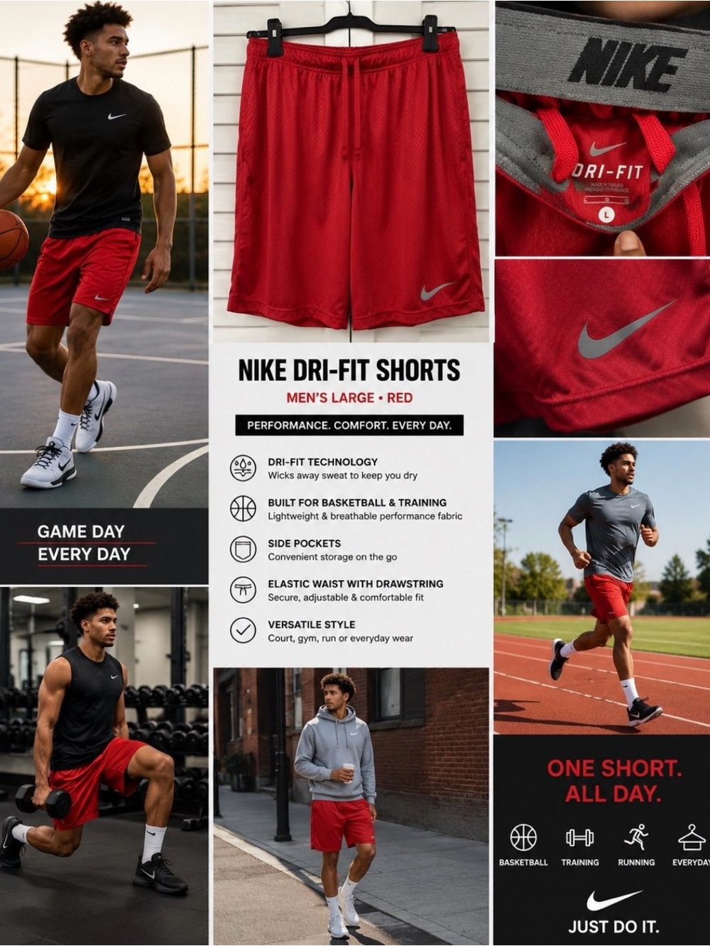 Nike Dri-FIT Shorts Large Red Athletic Basketball Fitness Pockets Gym Workout